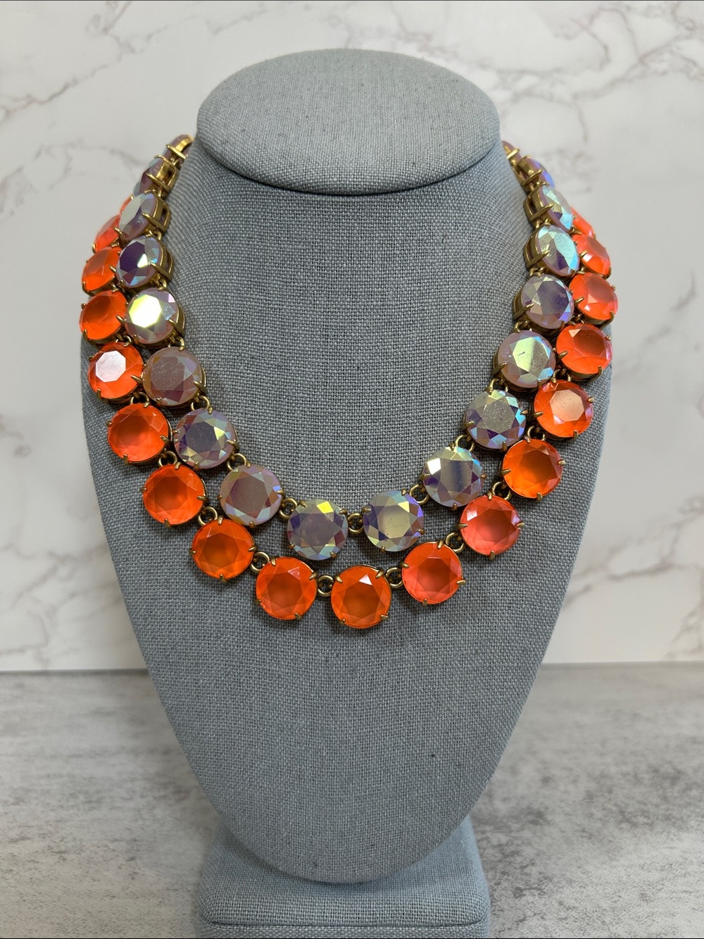 J. Crew Orange and Iridescent Crystal Double-Row Collar Necklace